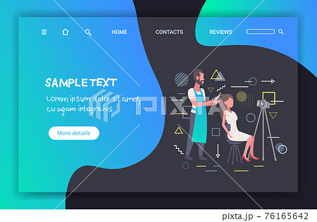 hairdresser blogger making hairstyle cutting hair tips of woman customer in beauty salon man recording online video with camera on tripod blogging concept full length horizontal copy space 76165642