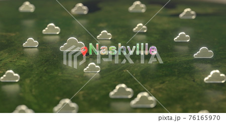 Cloudy weather icons near Nashville city on the map, weather forecast related 3D rendering 76165970