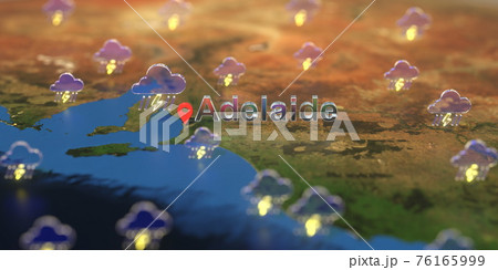 Adelaide city and stormy weather icon on the map, weather forecast related 3D rendering Adelaide city and stormy weather icon on the map, weather forecast related 3D rendering 76165999