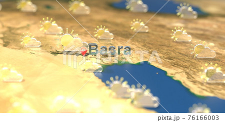 Partly cloudy weather icons near Basra city on the map, weather forecast related 3D rendering Partly cloudy weather icons near Basra city on the map, weather forecast related 3D rendering 76166003