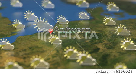 Partly cloudy weather icons near Antwerp city on the map, weather forecast related 3D rendering Partly cloudy weather icons near Antwerp city on the map, weather forecast related 3D rendering 76166023