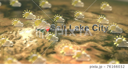 Partly cloudy weather icons near Salt lake city on the map, weather forecast related 3D rendering Partly cloudy weather icons near Salt lake city on the map, weather forecast related 3D rendering 76166032