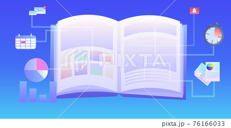 open digital notepad with multitasking icons time management concept 76166033