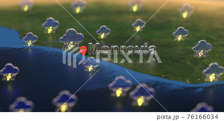 Monrovia city and stormy weather icon on the map, weather forecast related 3D rendering Monrovia city and stormy weather icon on the map, weather forecast related 3D rendering 76166034