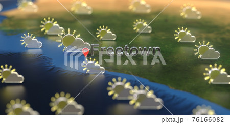 Partly cloudy weather icons near Freetown city on the map, weather forecast related 3D rendering Partly cloudy weather icons near Freetown city on the map, weather forecast related 3D rendering 76166082