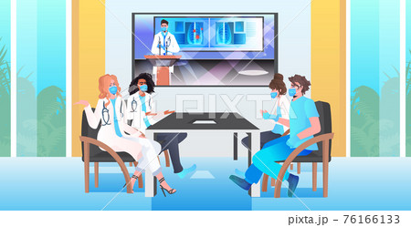 doctors having virtual conference medical specialists in masks discussing during video call coronavirus pandemic 76166133