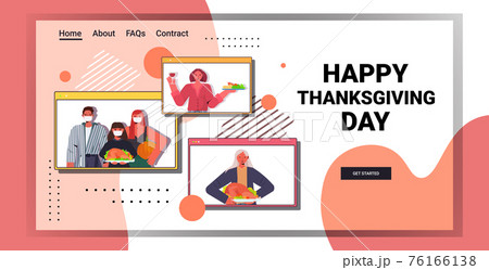 happy thanksgiving day multi generation family in web browser windows discussing during video call self isolation 76166138