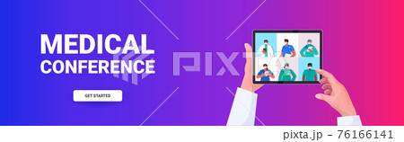 doctor discussing with mix race colleagues during video call on tablet screen medical conference online communication 76166141