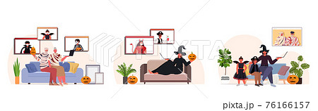 set people in different costumes discussing with friends during video call happy halloween holiday celebration 76166157