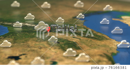 Tbilisi city and cloudy weather icon on the map, weather forecast related 3D rendering Tbilisi city and cloudy weather icon on the map, weather forecast related 3D rendering 76166381