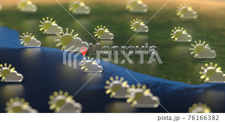 Monrovia city and partly cloudy weather icon on the map, weather forecast related 3D rendering Monrovia city and partly cloudy weather icon on the map, weather forecast related 3D rendering 76166382