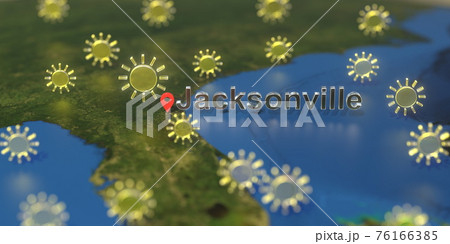Sunny weather icons near Jacksonville city on the map, weather forecast related 3D rendering Sunny weather icons near Jacksonville city on the map, weather forecast related 3D rendering 76166385
