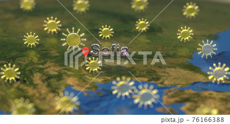 Sunny weather icons near Sofia city on the map, weather forecast related 3D rendering 76166388