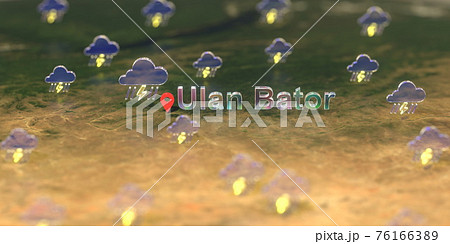 Stormy weather icons near Ulan Bator city on the map, weather forecast related 3D rendering Stormy weather icons near Ulan Bator city on the map, weather forecast related 3D rendering 76166389