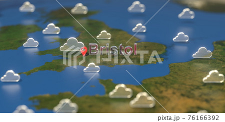 Cloudy weather icons near Bristol city on the map, weather forecast related 3D rendering Cloudy weather icons near Bristol city on the map, weather forecast related 3D rendering 76166392