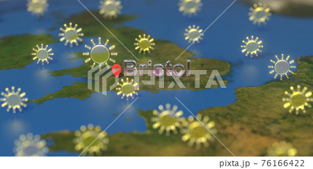 Sunny weather icons near Bristol city on the map, weather forecast related 3D rendering 76166422