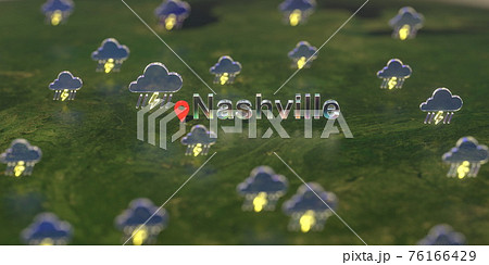 Stormy weather icons near Nashville city on the map, weather forecast related 3D rendering Stormy weather icons near Nashville city on the map, weather forecast related 3D rendering 76166429