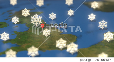 Leeds city and snowy weather icon on the map, weather forecast related 3D rendering 76166487