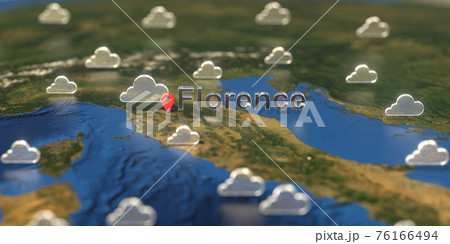 Cloudy weather icons near Florence city on the map, weather forecast related 3D rendering Cloudy weather icons near Florence city on the map, weather forecast related 3D rendering 76166494