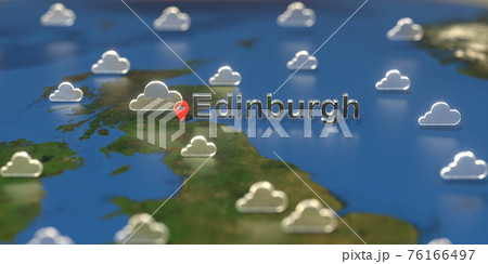 Cloudy weather icons near Edinburgh city on the map, weather forecast related 3D rendering Cloudy weather icons near Edinburgh city on the map, weather forecast related 3D rendering 76166497