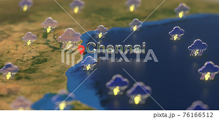 Chennai city and stormy weather icon on the map, weather forecast related 3D rendering 76166512
