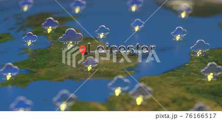 Leicester city and stormy weather icon on the map, weather forecast related 3D rendering Leicester city and stormy weather icon on the map, weather forecast related 3D rendering 76166517