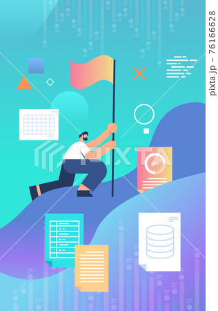 businessman climbed to growing chart and hoisted flag business competition victory achievement leadership 76166628