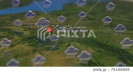 Rainy weather icons near Krakow city on the map, weather forecast related 3D rendering 76166806