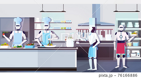 modern robots chefs cooking dishes robotic cooks preparing food artificial intelligence technology culinary concept modern kitchen interior horizontal full length modern robots chefs cooking dishes robotic cooks preparing food artificial intelligence technology culinary concept modern kitchen interior horizontal full length 76166886