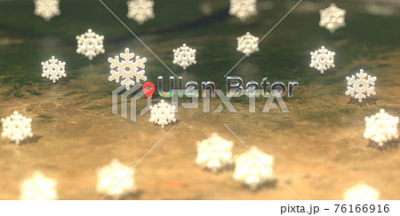 Snowy weather icons near Ulan Bator city on the map, weather forecast related 3D rendering Snowy weather icons near Ulan Bator city on the map, weather forecast related 3D rendering 76166916