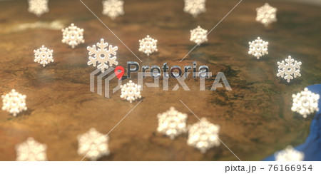 Pretoria city and snowy weather icon on the map, weather forecast related 3D rendering 76166954