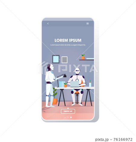modern robots team using laptop robotic coworkers brainstorming at workplace artificial intelligence technology concept modern office interior smartphone screen mobile app full length copy space 76166972