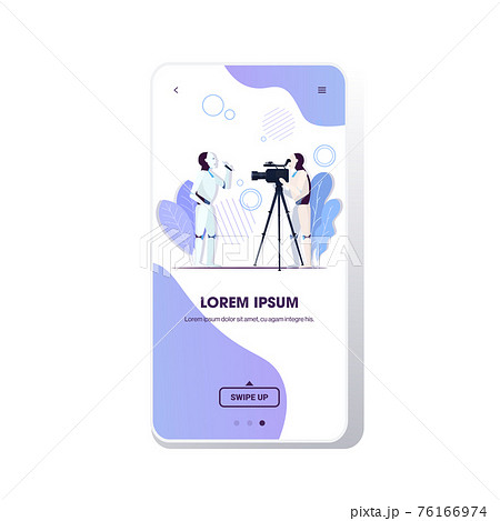 robot tv journalist correspondent reporting live news robotic video reporter using camera for interview artificial intelligence television concept mobile app full length copy space 76166974
