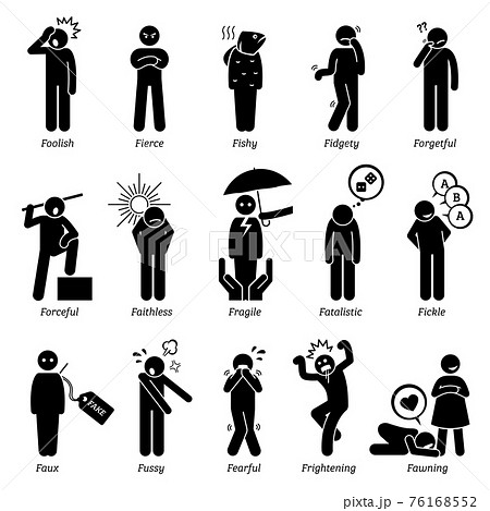 Negative Personalities Character Traits. Stick Figures Man Icons. Starting with the Alphabet F.  76168552
