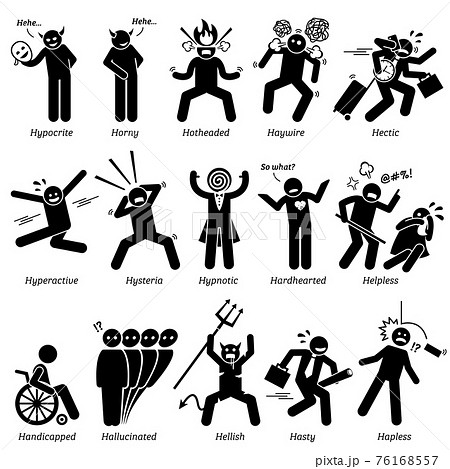 Negative Personalities Character Traits. Stick Figures Man Icons. Starting with the Alphabet H.  76168557