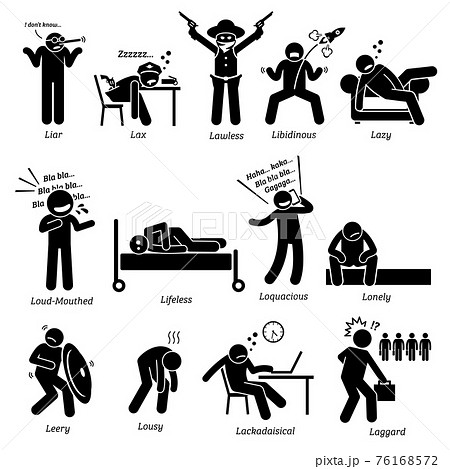 Negative Personalities Character Traits. Stick Figures Man Icons. Starting with the Alphabet L.  76168572