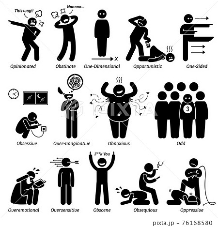 Negative Personalities Character Traits. Stick Figures Man Icons. Starting with the Alphabet O.  76168580