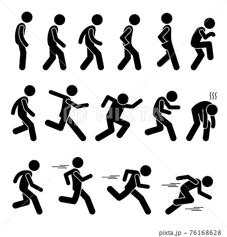 Various Human Man People Walking Running Runner Poses Postures Ways Stick Figure Stickman Pictogram Icons. Stickman person posing in various running postures. 76168628