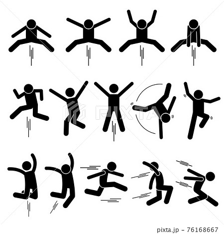 Various Jumper Human Man People Jumping Stick Figure Stickman Pictogram Icons. Stickman person posing in various jumping postures. Various Jumper Human Man People Jumping Stick Figure Stickman Pictogram Icons. Stickman person posing in various jumping postures. 76168667