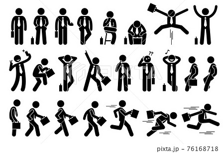 Businessman with various poses and actions. The businessperson man is standing, sitting, thinking, raising hand, taking selfie, winning, and relaxing. On side view he is walking, running, and jumping. Businessman with various poses and actions. The businessperson man is standing, sitting, thinking, raising hand, taking selfie, winning, and relaxing. On side view he is walking, running, and jumping. 76168718