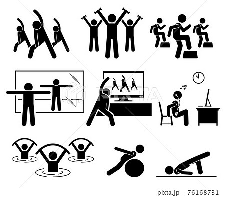Aerobic class at gym room with instructor. Beginner learning aerobic at home by watching TV and Internet video. Aqua aerobic exercise at swimming pool. Illustrations in stick figures pictogram. 76168731
