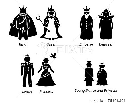 Royal Family Characters. Pictogram set depicts the cartoon characters of the king, queen, emperor, empress, prince, princess, and the royal children. 76168801