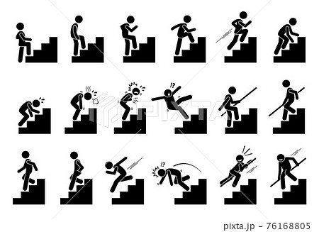 Man climbing Staircase or Stairs Pictogram. Cliparts depict various actions of a person with stairs. 76168805