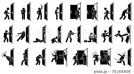 Man and Door Pictogram. Cliparts depict various actions of a man with a door. 76168806