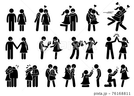 Happy Couple and Lover. Boyfriend and girlfriend love each others. Stick figures depict a couple kissing, holding hand, giving gifts, high five, consoling, hugging, cuddle, and marriage proposal. 76168811