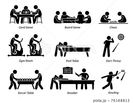 Indoor Club Games and Recreational Activities. Stick figures depict recreation activity of card and board game, chess, gym room, pool table, throwing dart, soccer table, snooker, and bowling. 76168813
