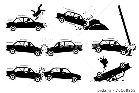 Car Accident and Crash. Illustrations depict a car hit a man, driver drives and crash on boulders, road side pole, another vehicle head on, and back. The car also turn upside down. 76168855