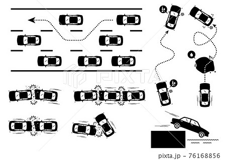 Car Accident and Reckless Driving. Illustrations depict car driver overtaking with speed, alcohol influence, skidding on slippery road, and plunge. Car crashes involve knocking front, back, and side. 76168856