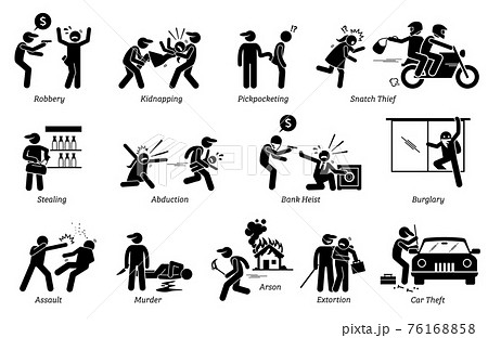 Violence Violent Crime and Criminal. Pictogram depicts various criminal activities that include robber, kidnappers, thief, bank heist, assault, murder, arson, and extortion. Violence Violent Crime and Criminal. Pictogram depicts various criminal activities that include robber, kidnappers, thief, bank heist, assault, murder, arson, and extortion. 76168858