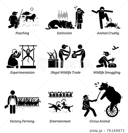 Animal Rights and Issues Stick Figure Pictogram Icons. Illustrations depicts poaching, extinction, animal cruelty, experimentation, illegal wildlife trade, factory farming, entertainment, and circus. 76168872